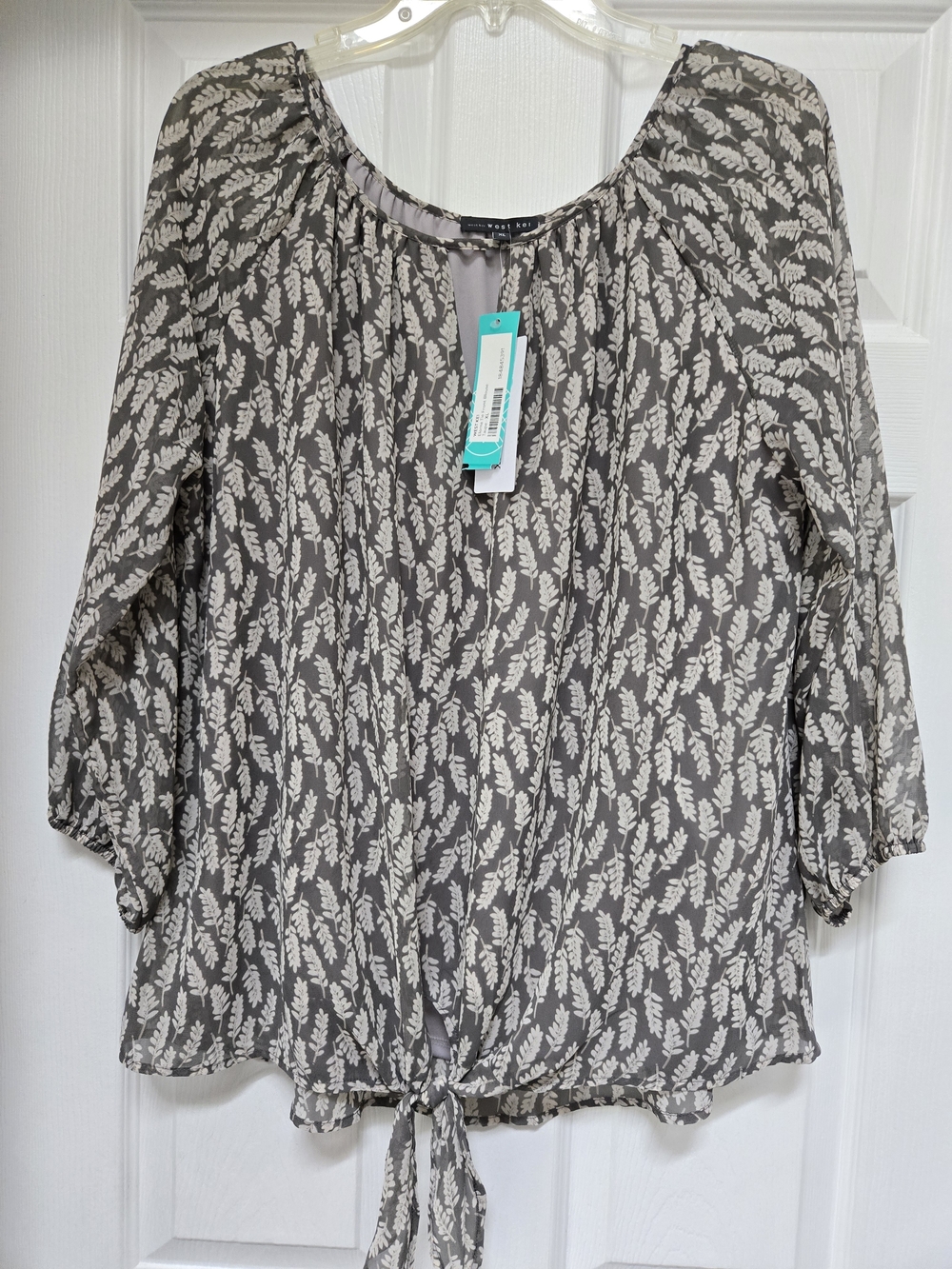 West Kei Brown and Cream Leaf-Print Tie-Hem Blouse